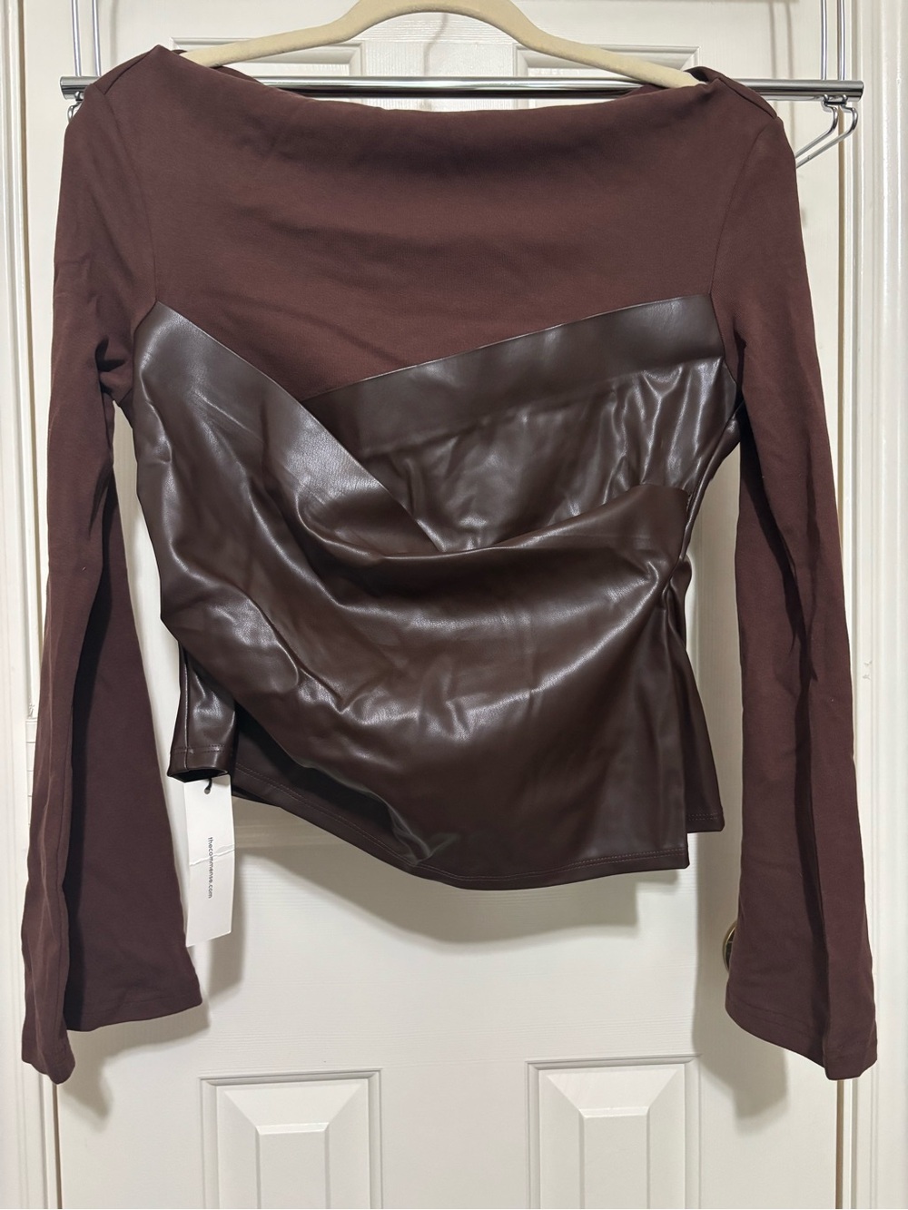 Commense Brown Faux-Leather Paneled Long-Sleeve Top